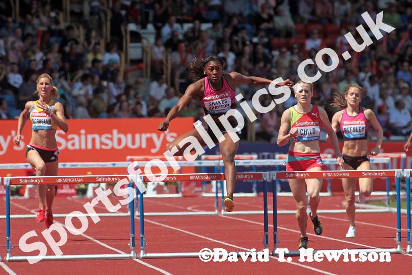 Perri Shakes-Drayton on her way to victory in the 400 metres hurdles in the IAAF Diamond League, Birmingham.